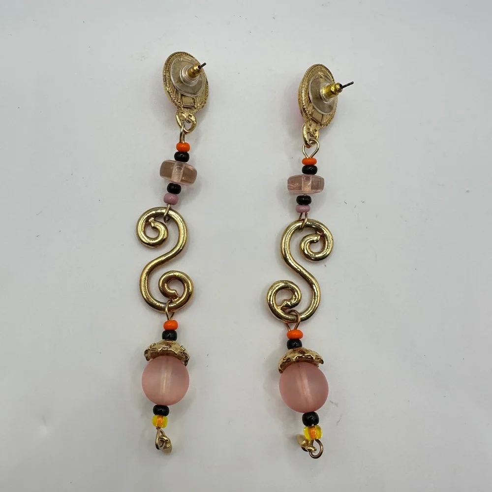Vtg Pink Gold Tone Scroll Bead Long Drop Dangle Earrings Fairy Coquette Pink